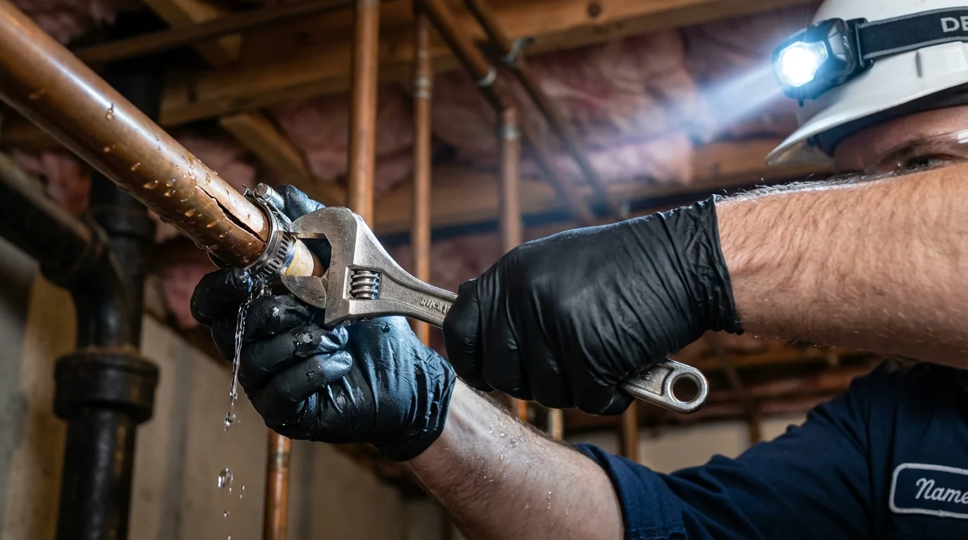 Emergency pipe clamp repair being performed by a Johns Plumbing LLC plumber in Williamsport