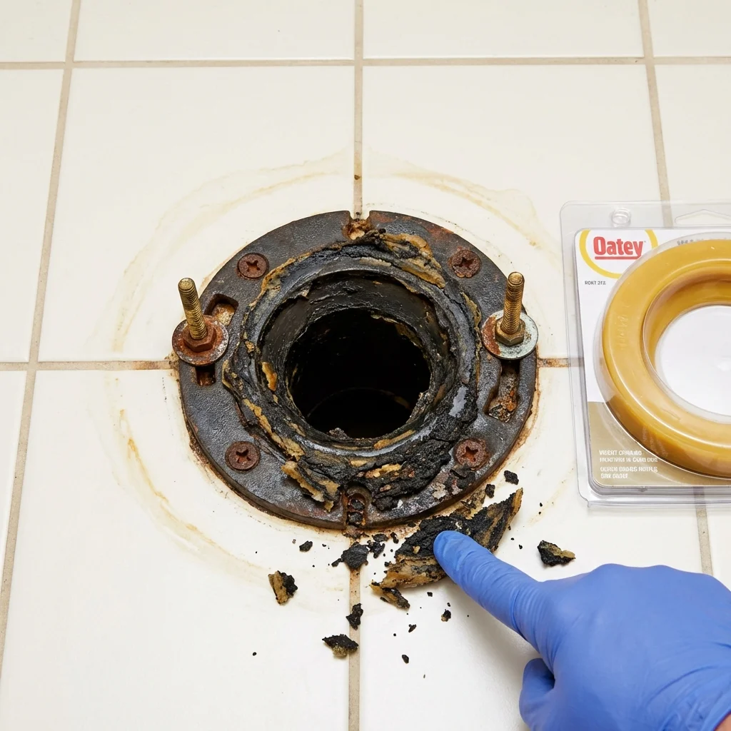 Failed wax ring showing water seepage at the base of a toilet in a Williamsport, IN home