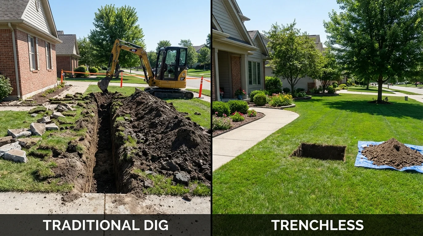 Trenchless sewer repair with minimal yard damage versus traditional excavation in Williamsport, IN