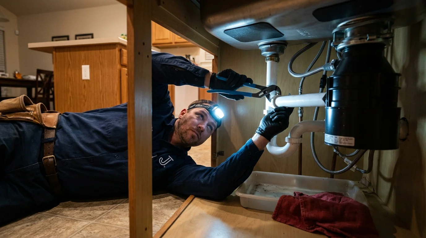 P-trap and supply line connections under a kitchen sink showing a common leak point in Williamsport, IN